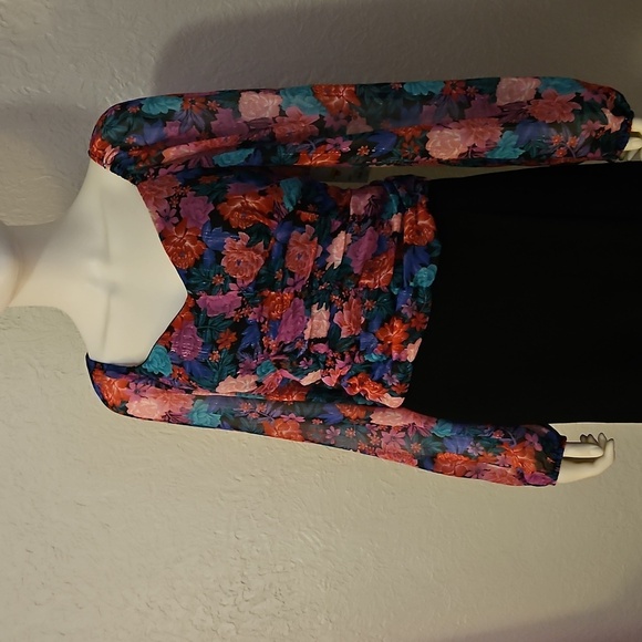 Vtg SO Purple Floral Corset Style Long Sleeve Chiffon Peasant Off Shoulder Top - Picture 3 of 11